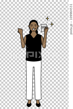 African senior woman is happy to see her bankbook African senior woman is happy to see her bankbook 109964531
