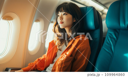 飛行機の窓の外を眺める女性のイラスト素材 [109964860] - PIXTA