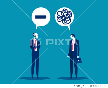 Robot offering guidance to Human confused about direction. Artificial intelligence business vector illustration 109965367