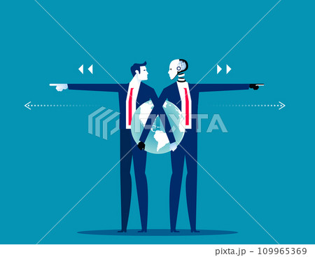 Robot and Human pushing different direction. Artificial intelligence business vector illustration Robot and Human pushing different direction. Artificial intelligence business vector illustration 109965369