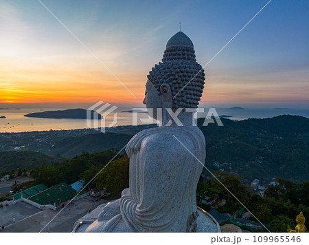 Aerial view scenery colorful sunrise at horizon in front of Phuket Big Buddha 109965546