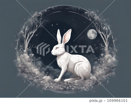 white rabbit in full moon shape background  109966101