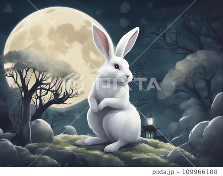 white rabbit in full moon shape background  109966108