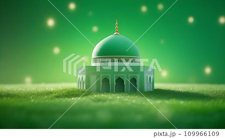 Green mosque on green grass with bokeh background. Generative AI 109966109