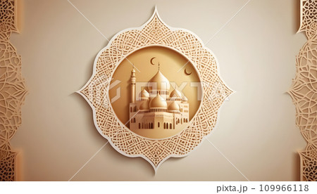 Illustration of Ramadan Kareem background with mosque in paper cut style. Generative AI 109966118