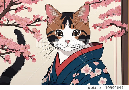 cat with kimono dress in ukiyoe style 109966444