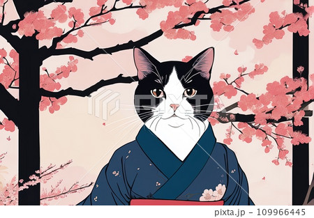 cat with kimono dress in ukiyoe style 109966445