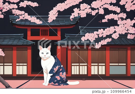 cat with kimono dress in ukiyoe style cat with kimono dress in ukiyoe style 109966454