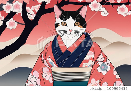 cat with kimono dress in ukiyoe style cat with kimono dress in ukiyoe style 109966455