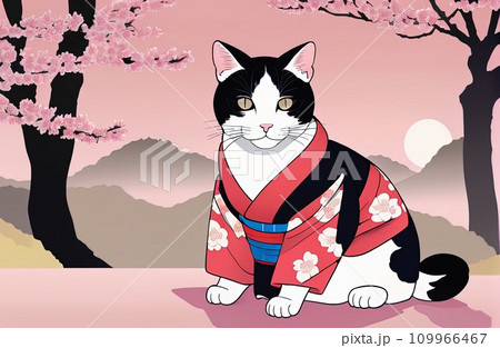 cat with kimono dress in ukiyoe style 109966467