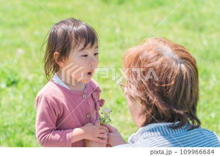 おばあちゃんに花を渡す子供（幼児・笑顔） 109966684