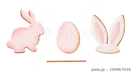 Gingerbread set: bunny shape, bunny ears and egg shape with wooden skewer. Looks good on stickers, kitchen textiles,greeting cards, wrapping paper. 109967039