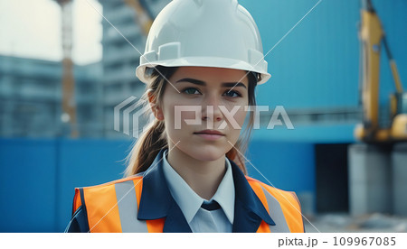 Young Adult construction workers woman in Reflective Clothing and Hard Hat. Generative AI 109967085