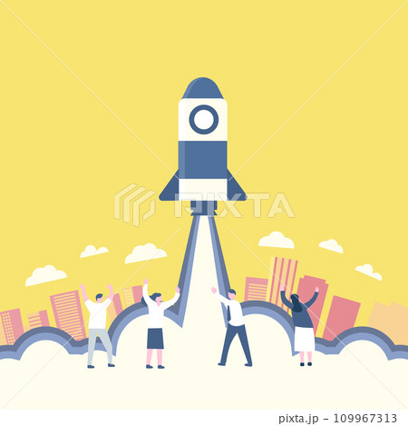 スタートアップロケットを見上げるビジネスマンたち 109967313