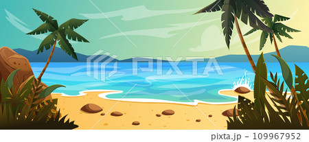 Landscape with palm trees, ocean, yellow sand Landscape with palm trees, ocean, yellow sand 109967952