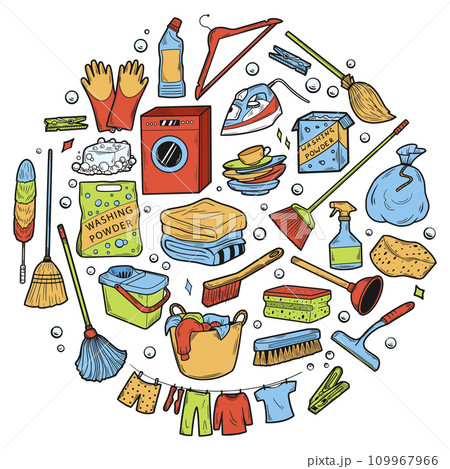 Hand drawn color set of cleaning equipments, sponge, spray, broom, bucket in a circle. Doodle sketch style. Clean Tools Banner Hand drawn 109967966