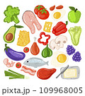 Set of products for the keto diet. Meat, fish, vegetables, oils, nuts, eggs. Ketogenic diet products on a white background. A set of healthy food. 109968005