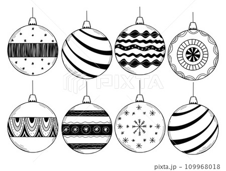 Vector set of hand drawn Christmas ball toy. Christmas coloring page book 109968018