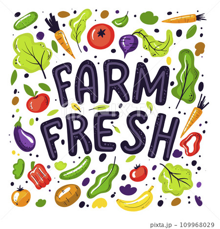 Set with hand drawn colorful doodle fruits and vegetables.Farm fresh hand drawn illustration with typography. Salads, tomatoes, carrot design elements 109968029