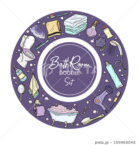 Hand drawn color Bathroom icons set. Vector illustration home bath symbols collection. Doodle sketch toilet, shower, bathtub, lavatory, towel, robe 109968048