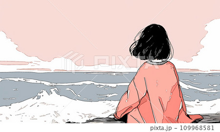 海を眺める女性のイラスト AI生成画像のイラスト素材 [109968581] - PIXTA