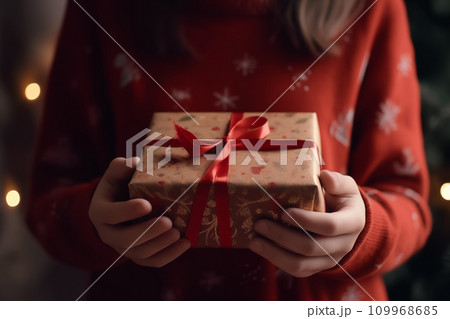 Woman holding christmas gift at home Generative AI Woman holding christmas gift at home Generative AI 109968685