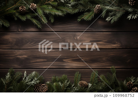 Christmas background with fir tree and decor. Top view with copy space Generative AI 109968752