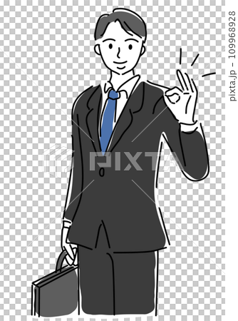 Simple line drawing of a man in a suit looking for a job with an OK sign Simple line drawing of a man in a suit looking for a job with an OK sign 109968928