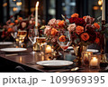 A beautiful table setting for Thanksgiving dinner in a restaurant Generative AI 109969395