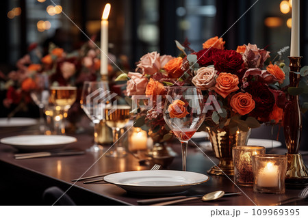 A beautiful table setting for Thanksgiving dinner in a restaurant Generative AI 109969395