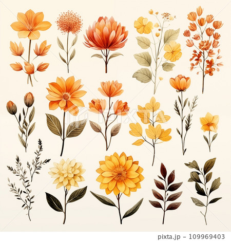 Set of watercolor fall autumn flower element for decoration give thanks cards Generative AI 109969403