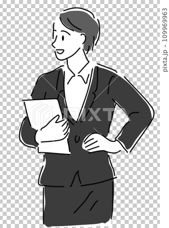 Simple line drawing of a woman in a suit holding documents Simple line drawing of a woman in a suit holding documents 109969963