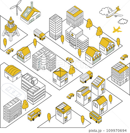 車が走るシンプルな街並みの俯瞰イラスト(黄色) 車が走るシンプルな街並みの俯瞰イラスト(黄色) 109970694