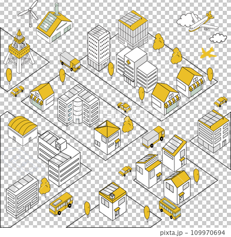 車が走るシンプルな街並みの俯瞰イラスト(黄色) 車が走るシンプルな街並みの俯瞰イラスト(黄色) 109970694