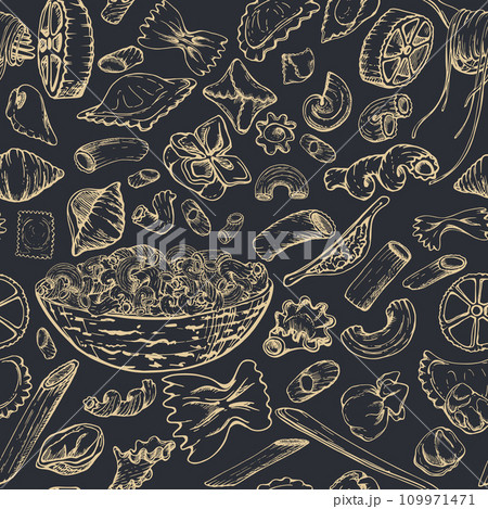 Hand drawn vector ink illustration. Different types of pasta Italian cuisine dish assortment penne ravioli spiral. Seamless pattern isolated on dark. Restaurant menu, food shop package, flyer, print. 109971471