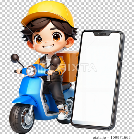 Delivery man riding a scooter illustration. Food delivery man with smartphone 109971663