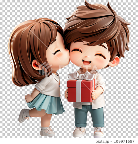 Happy young couple standing celebrating, holding gift box, kissing Happy young couple standing celebrating, holding gift box, kissing 109971687