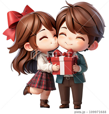 Happy young couple standing celebrating, holding gift box, kissing 109971688