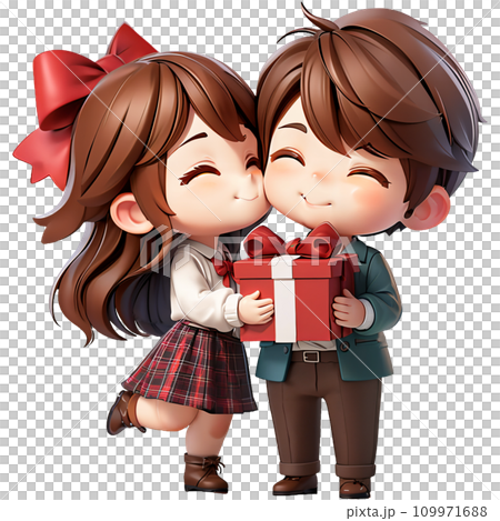 Happy young couple standing celebrating, holding gift box, kissing 109971688