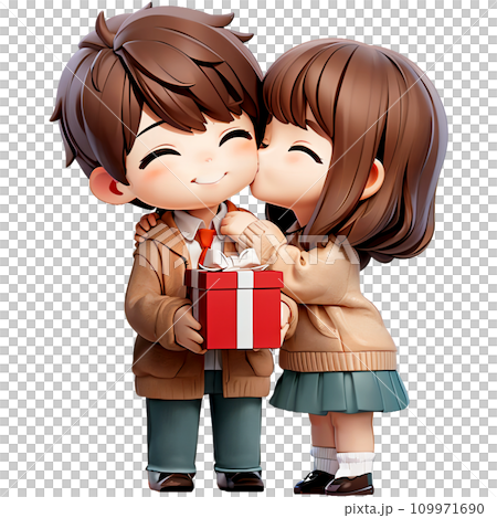 Happy young couple standing celebrating, holding gift box, kissing Happy young couple standing celebrating, holding gift box, kissing 109971690