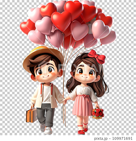 Valentine Couple. Smiling Beauty Girl and her Handsome Boyfriend holding bunch of heart shaped air balloons and walking. Happy Joyful Family. Love. Happy Valentine's Day Valentine Couple. Smiling Beauty Girl and her Handsome Boyfriend holding bunch of heart shaped air balloons and walking. Happy Joyful Family. Love. Happy Valentine's Day 109971691