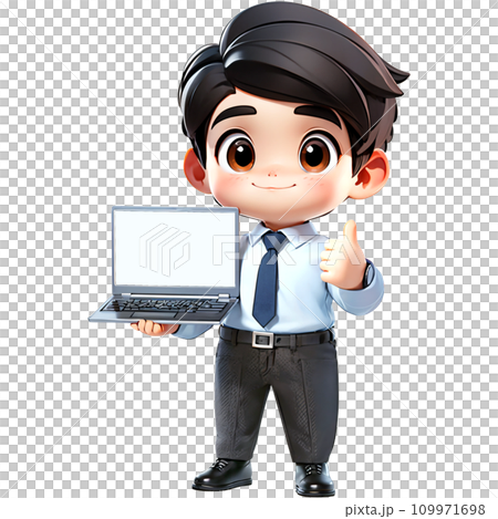 Businessman with laptop computer showing his thumbs up. 109971698