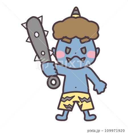 節分をイメージした、金棒を構えている青鬼のキャラクターイラスト 109971920