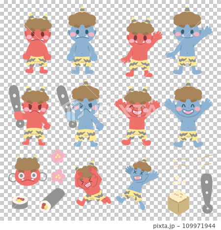 Color illustration set of accessories and demon characters inspired by Setsubun 109971944