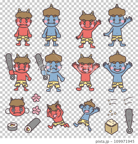 靈感來自 Setsubun 的配件和惡魔角色彩色插圖集 109971945