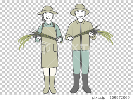 収穫した米を手に持つ中高年の男女 収穫した米を手に持つ中高年の男女 109972069