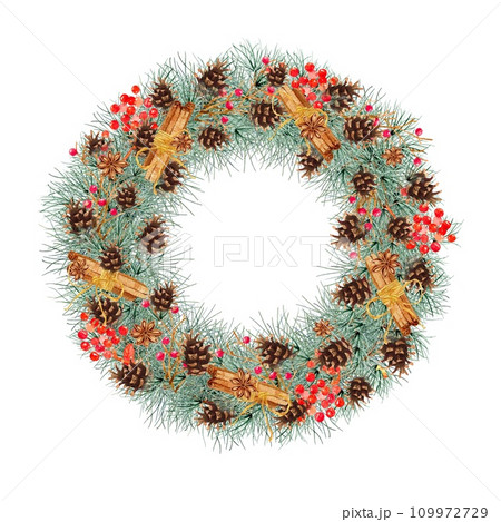 Christmas wreath isolated on white background. 2024. Clipart. Watercolor hand drawn art illustration. For cards, handmade textiles, prints, menus, poster Christmas wreath isolated on white background. 2024. Clipart. Watercolor hand drawn art illustration. For cards, handmade textiles, prints, menus, poster 109972729