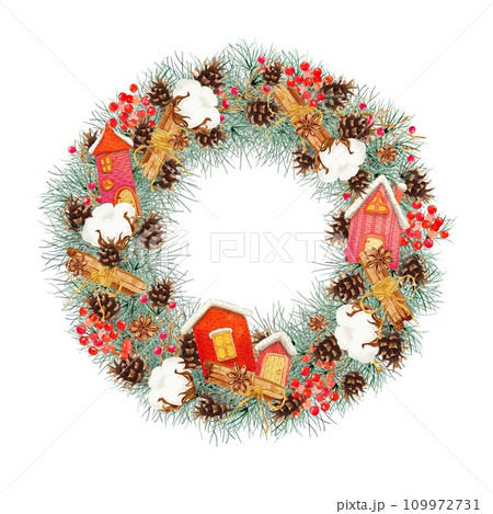Christmas wreath with houses isolated on white background. 2024. Clipart. Watercolor hand drawn art illustration. For cards, handmade textiles, prints, menus, poster Christmas wreath with houses isolated on white background. 2024. Clipart. Watercolor hand drawn art illustration. For cards, handmade textiles, prints, menus, poster 109972731