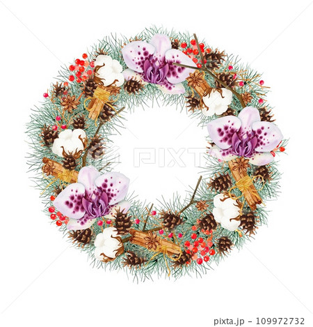 Christmas wreath with flowers isolated on white background. 2024. Clipart. Watercolor hand drawn art illustration. For cards, handmade textiles, prints, menus, poster Christmas wreath with flowers isolated on white background. 2024. Clipart. Watercolor hand drawn art illustration. For cards, handmade textiles, prints, menus, poster 109972732