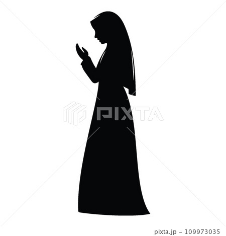 A silhouettes of solemnly muslim woman raising their hands in prayer, kneeling and bowing, vector illustration 109973035
